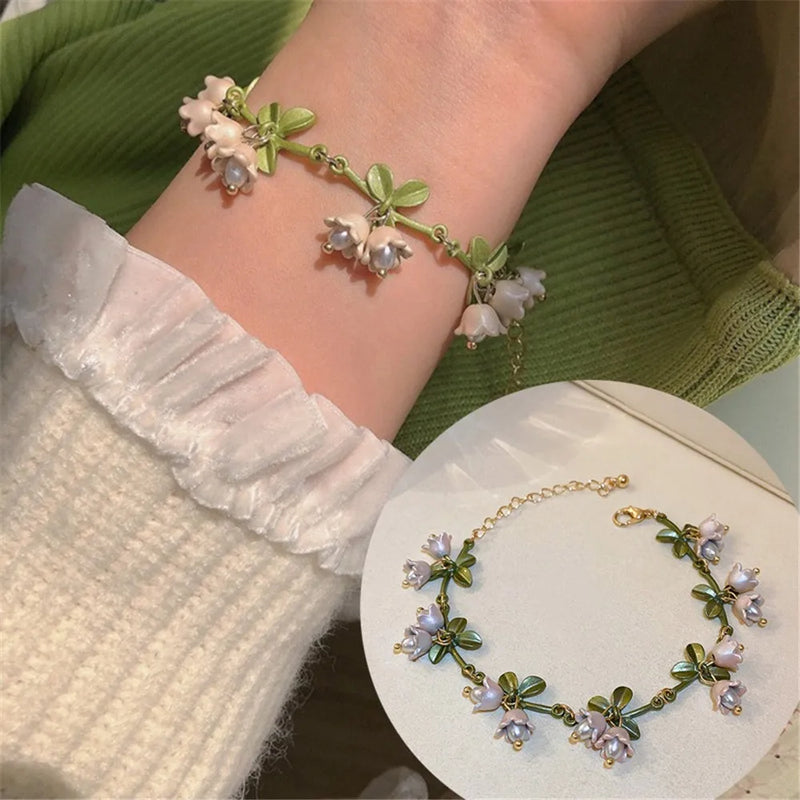 Simple Forest Bracelet White Lily of the Valley Flower Pendant Women's Fashion Jewelry Holiday Party Accessories for Girls Gift