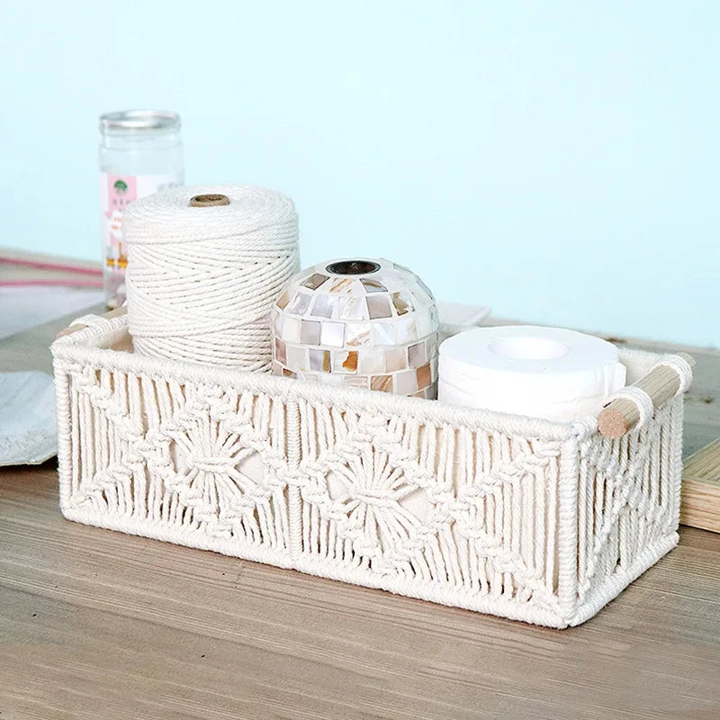 Macrame Storage Baskets Boho Decor Box Handmade Woven Decorative Countertop Toilet Tank Shelf Cabinet Organizer for Bedroom