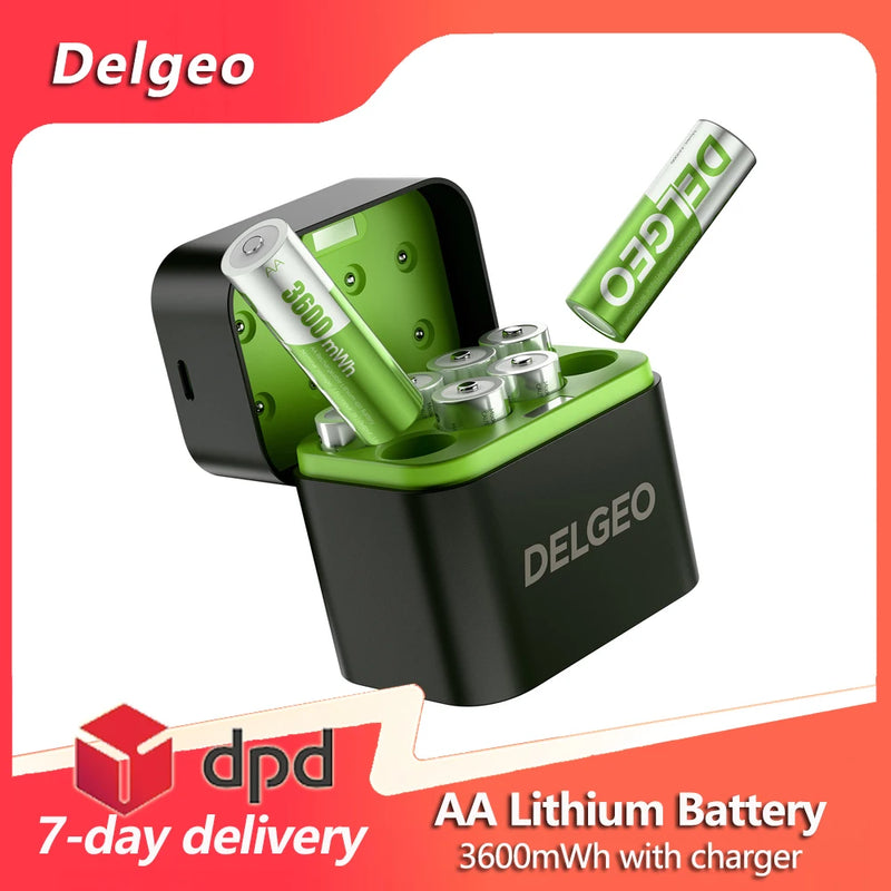 Delgeo AA Rechargeable lithium Battery 1.5V with Charging Case 3600mWh Large Capacity Compatiable for Camera, Gamepad, GPS, Toys