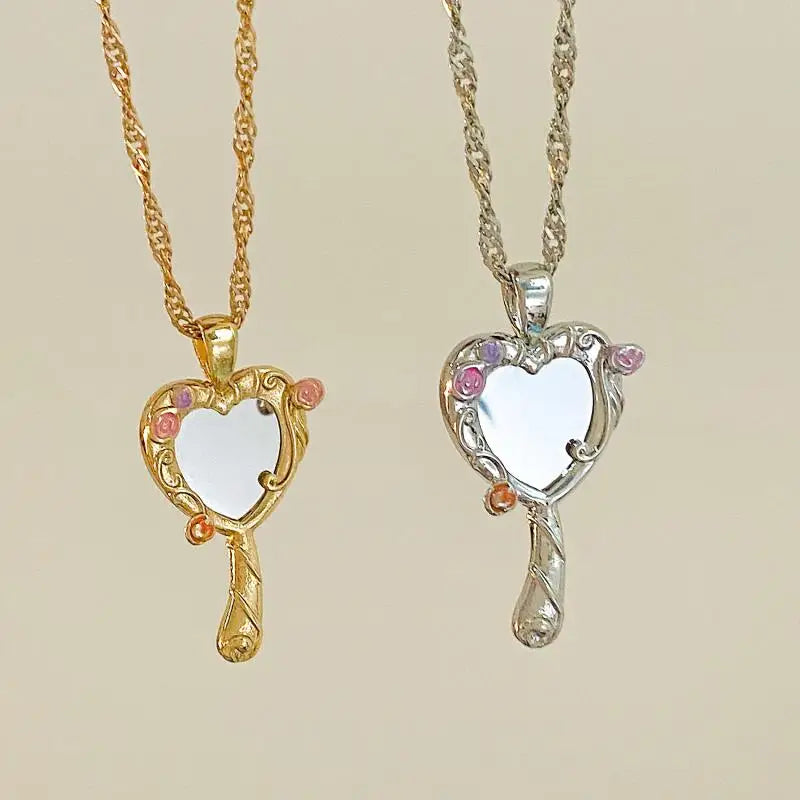 Gold Color Small Mirror Necklace for Women Fashion Wedding Party Jewelry Accessorie Heart-Shaped Mirror Necklace Gift for Her