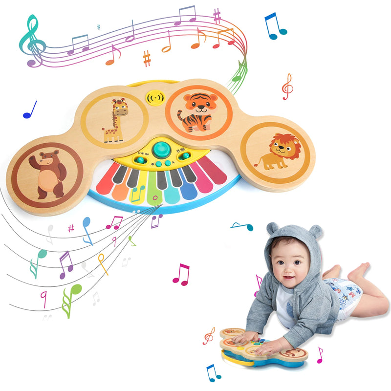 Wooden 2in1 Keyboard Piano Clapping Drum with Light & Music Cartoon Animals Music Toys Educational Toys for 12 months Baby Gifts