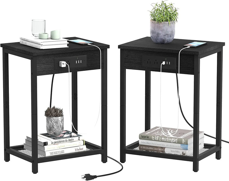 Night Stand Set of 2 Bedside table with Charging Station Small EndTable with USB Ports and Power Outlets for Bedroom Living Room