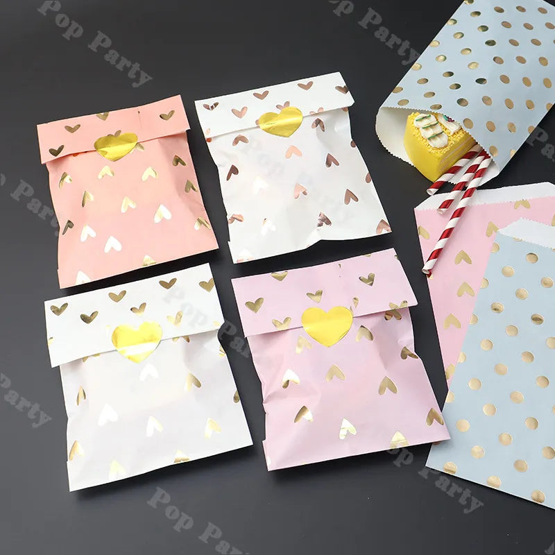 12pcs Paper Sweet Favour Bags White Violet Kraft Foil Heart Gift Bag Birthday Wedding Candy Bag Cookie Bags Gold Emboss Sticker