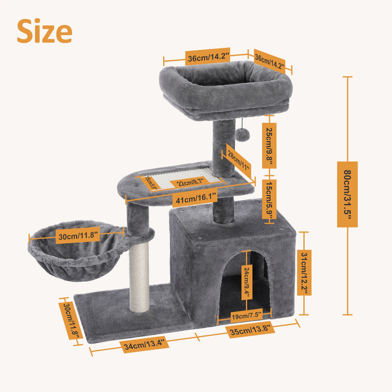 Cat tree Cat Tower for Indoor Cats 2 Styles Cat Activity Tree with Cat Scratching Posts Big Hammock and Removable Top Perch Grey