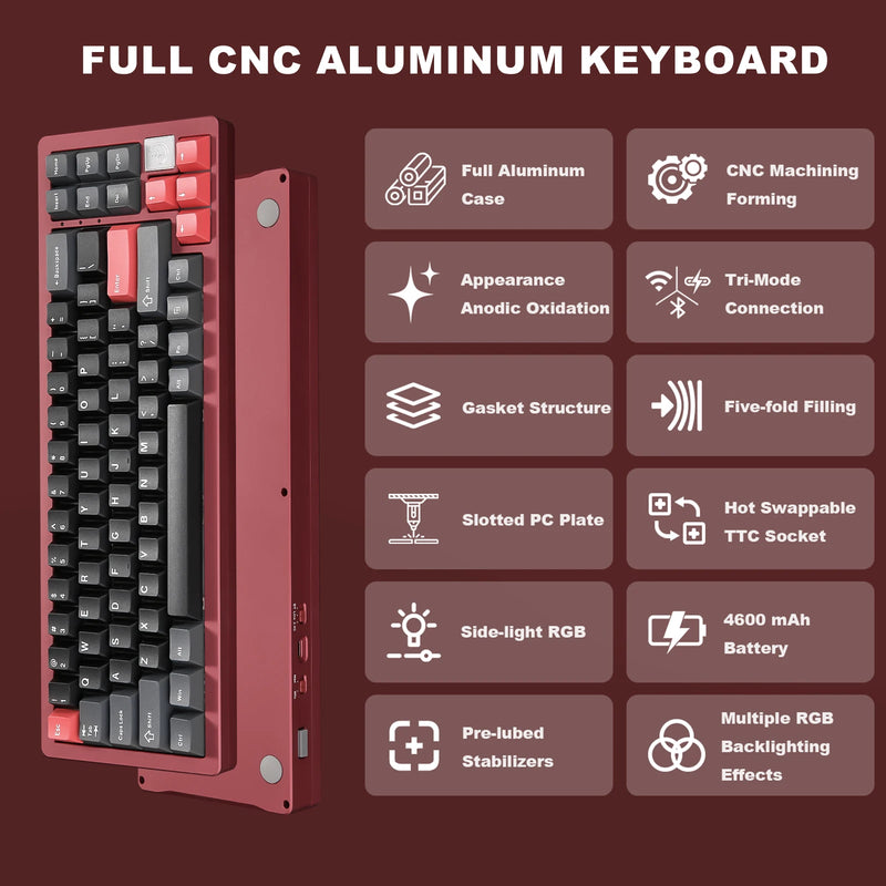 YUNZII AL71 Red 68% 71 Key Full CNC Aluminum Hot Swappable Gasket 2.4GHz Wireless BT5.0/USB-C Wired Mechanical Gaming Keyboard