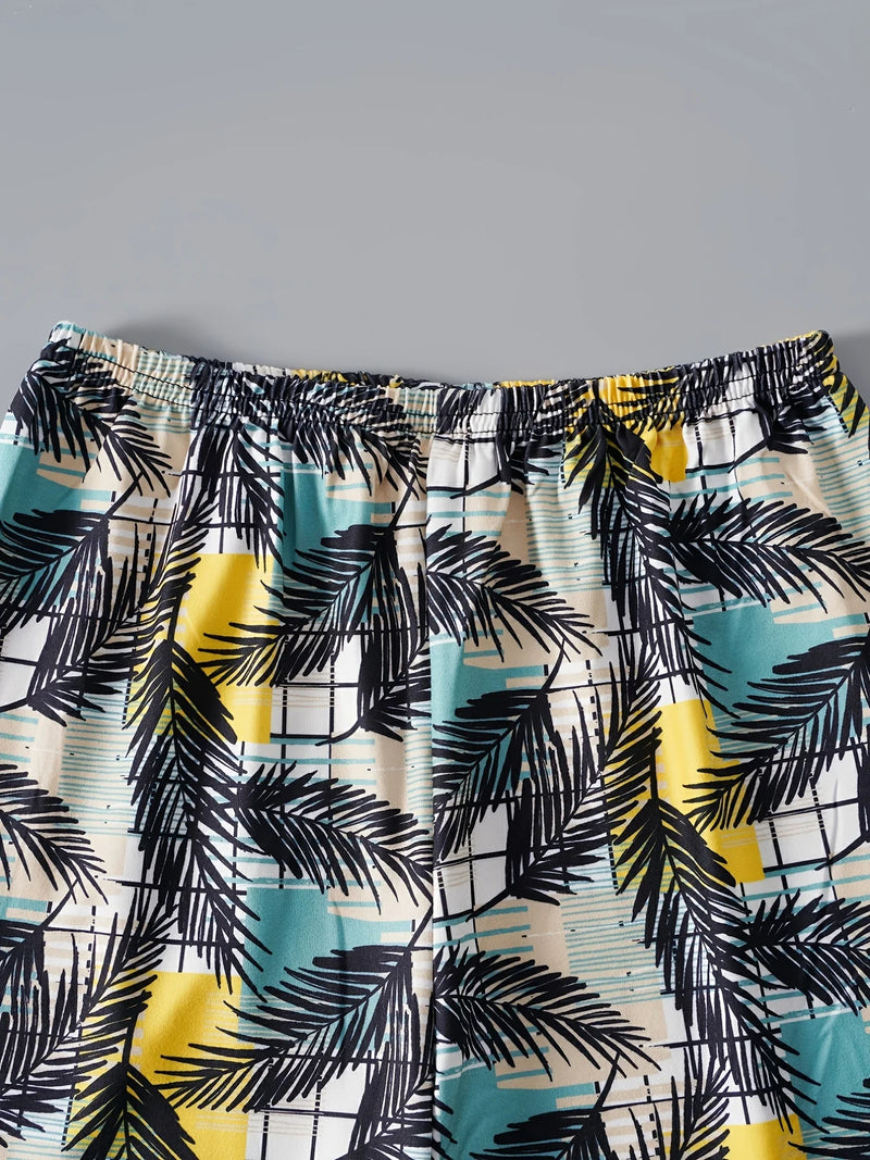 2pcs Boys Round Neck T-Shirts Patchwork Short Sleeve Tees Top &Elastic Waist Leaves Print Shorts Set Kids Summer Clothes