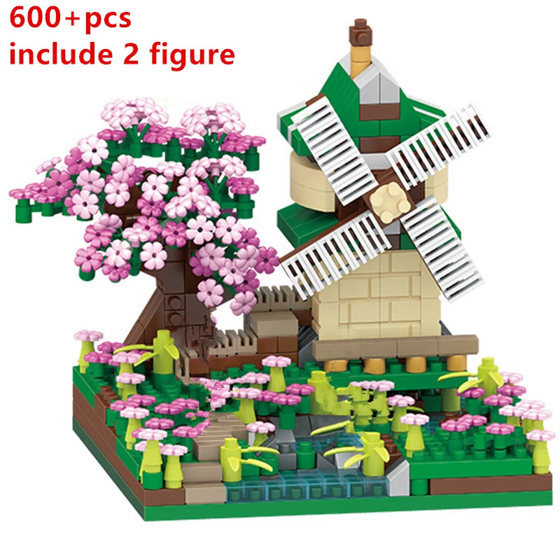 DIY Purple Romantic Cherry Blossom Flower Pink Tree House Train Assembly Building Blocks Classic Model Bricks Sets Kid