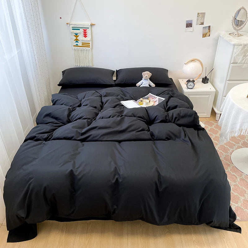 Black Bedding Set Soft Bed Linen Set Washed Cotton Duvet Cover Pillowcase and Bedsheet постельное бельё набор Home Bedclothes