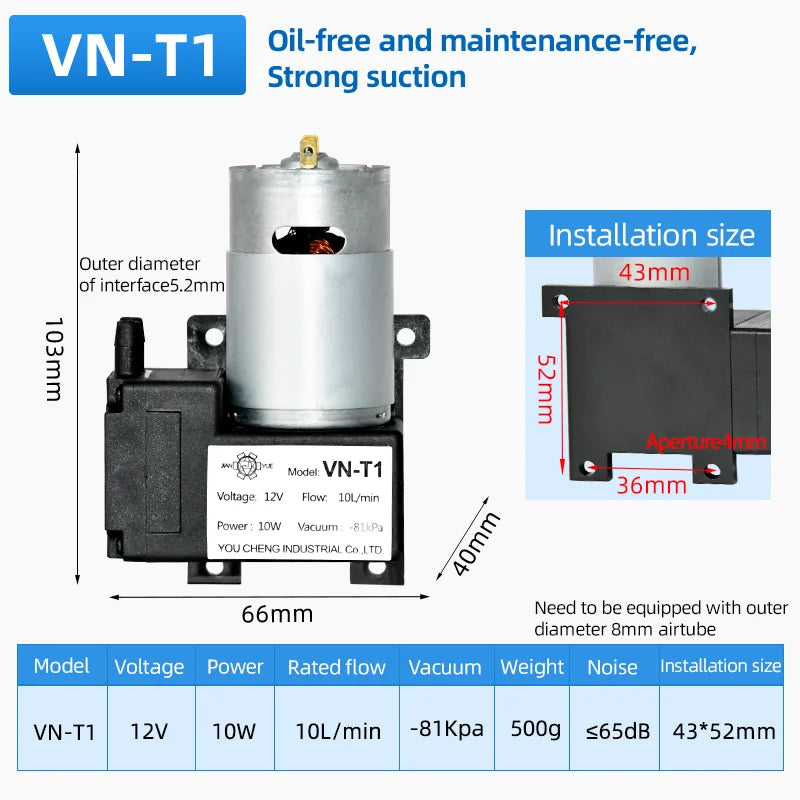 Small DC 12v/24v -81Kpa Electric Diaphragm Vacuum Pump Mini Vacuum Pump Suction Vacuum Pump VN-T1