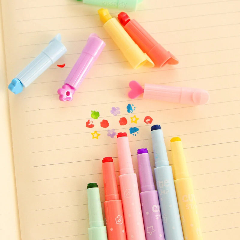12/6Pcs/set Candy Color Highlighters Stamp Pen Cute Inks Creative Marker Fluorescent Pens school Supplies office Stationery