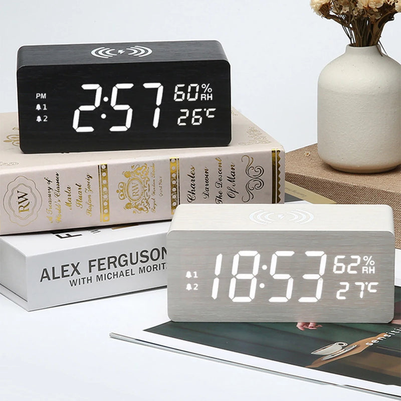 Alarm Clock LED Digital Wooden With Temperature Humidity USB/AAA Powered Electronic Desk Clocks Suppose Phone Wilreless Charging