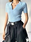 GOPLUS Bodysuit Women Sexy One Piece Summer Bodysuits Turn Down Collar Short Sleeve Black White Knitted Tops Body Femme C10933