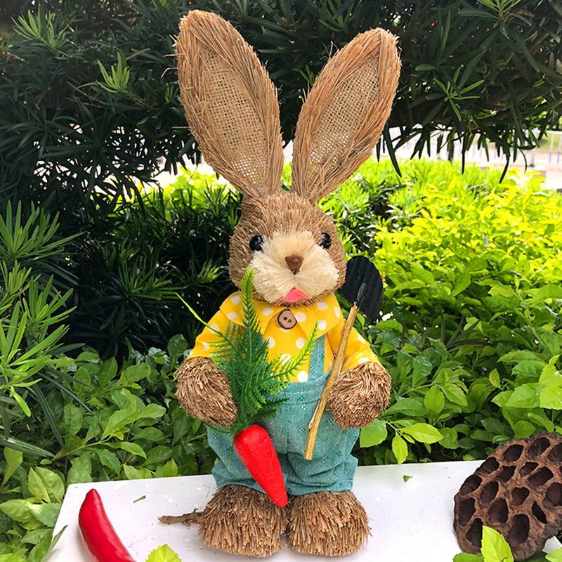 Cute Straw Rabbits Bunny Standing Decorations w/Carrots for Easter Party Home Garden Wedding Ornament Photo Props Crafts