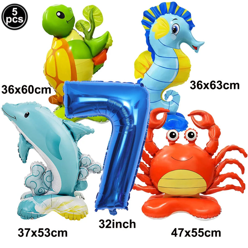 5pcs Cute Sea Animal Balloons Include Crab Seahorse Dolphin Turtle Shape Balloon Under The Sea Party Decors for 1st Birthday
