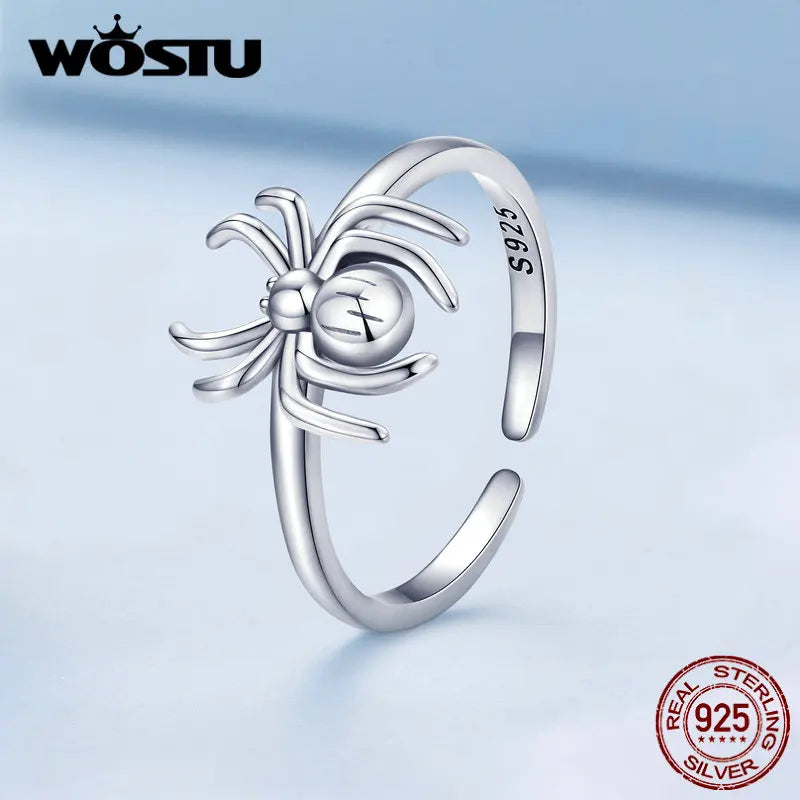 WOSTU 925 Sterling Silver Punk Spider Open Rings For Women Lovely Animal Adjustbale Ring Couple's Hip Hop Jewelry Gift CTR381