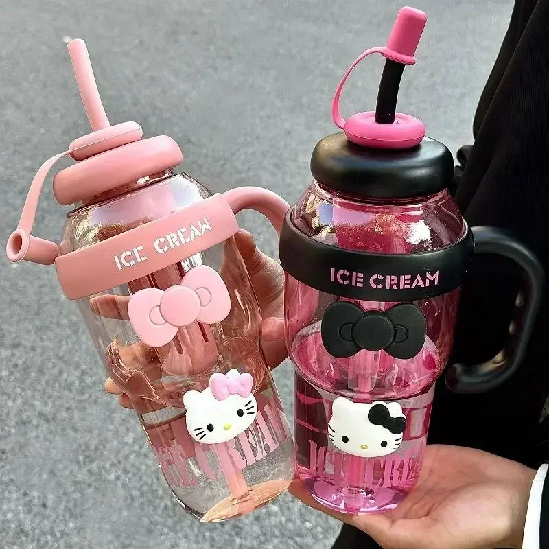 1300ML With Handle Water Bottle MINISO Hello Kitty Gym Large Capacity Straw Water Cup Kuromi My Melody Cartoon Children Cup Gift