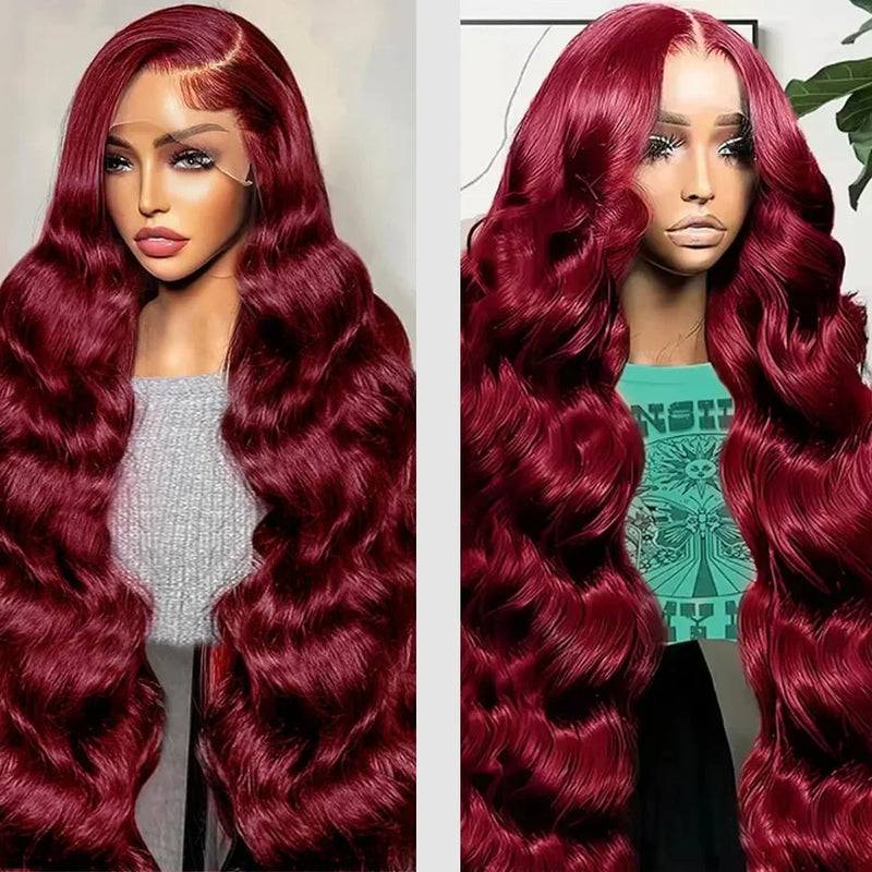 99j/Burgundy Body Wave Transparent Lace Frontal Human Hair Wigs 13x6 Lace Frontal 180% Density Wigs For Women With Baby Hair