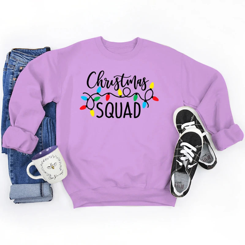 Christmas Lights Christmas Squad Print Crew Neck Sweatshirts Fashion Print Women Christmas Casual Sweatshirts Xmas Gifts