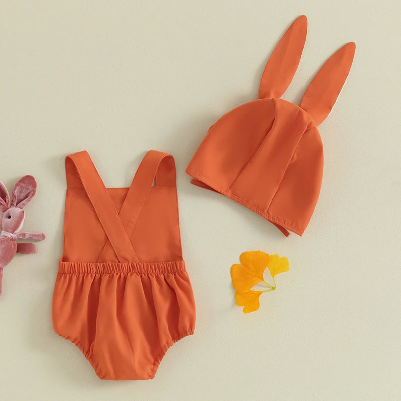 Infant Baby Girl Boy Easter Outfits Fuzzy Embroidery Sleeveless Romper with Bunny Ears Hat Set Toddlers Summer Clothes Sets