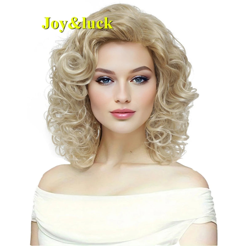 Joy&luck Short Curly Wig Synthetic Hair Wigs Gold Mix Blonde Color Women's Full Wig with Bangs Natural Daily Hair Style