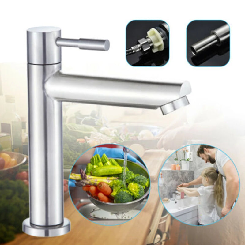 304 Stainless Steel Silver Single Cold Water Sink Faucet Bathroom Counter Basin Faucet Single Handle Washbasin Tap Hardware