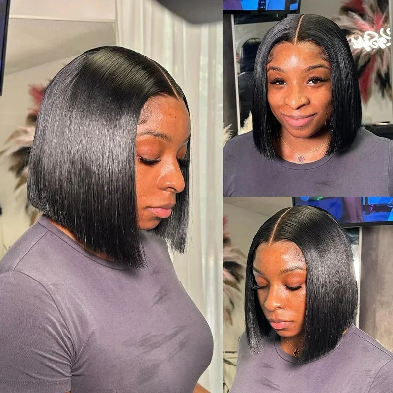 13x4 Bob Brazilian Remy Hair 220% Density Bob Wigs Straight 100% Human Hair Lace Front Wigs Pre-plucked Lace Front Wigs 14 inch