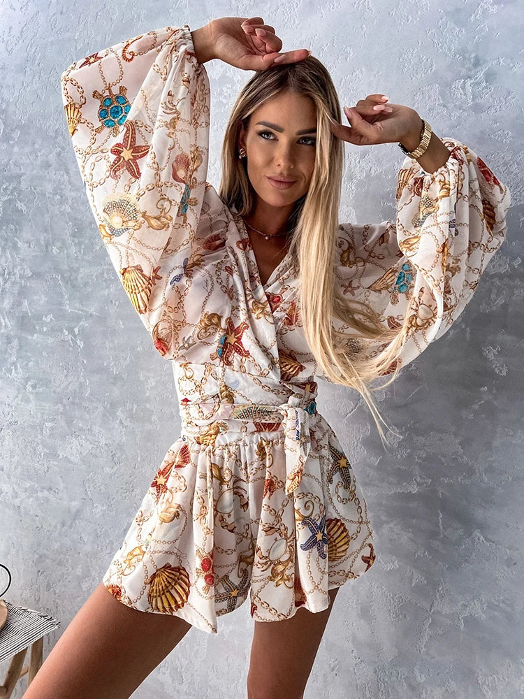 2023 Sexy Deep V Neck Jumpsuit For Women Summer Casual Boho Beach Vacation Outfit Fashion Print Lantern Sleeve Rompers Shorts