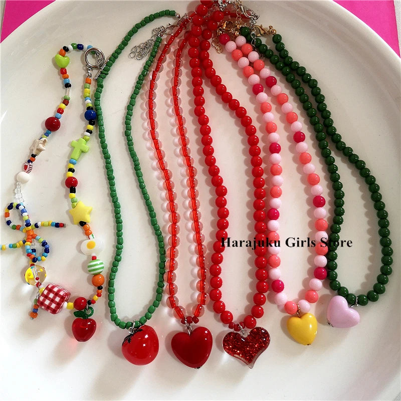 Kpop Fashion Heart Fruit Tomato Bowknot Pendant Colorful Beaded Necklace Woman Aesthetic Jewelry Cute Summer Y2K EMO Accessories