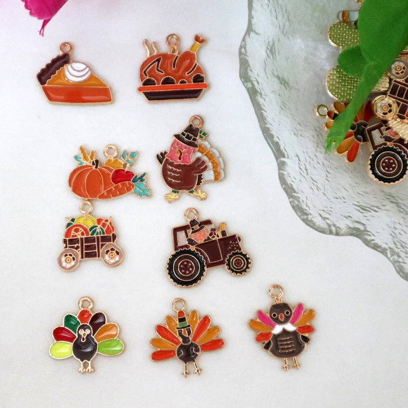 10pcs Cute Thanksgiving Turkey Food Metal Pendant Cartoon Alloy Charms DIY Necklace Bracelet Earrings Jewelry Keychain Accessory
