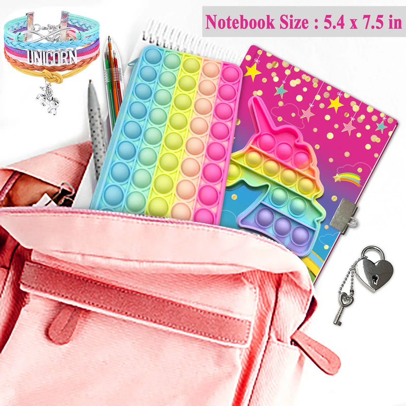 Pop Notebook for Kids, Fidget Journal Set Includes Diary with lock Pink Fashion Bracelet 6 Multicolor Ball Pen & Pop Pencil Case
