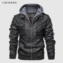 CARANFIER Mens PU Hooded Jackets Coats Motorcycle Biker Faux Leather Jacket Men Classic Winter Coat Clothes  European Size