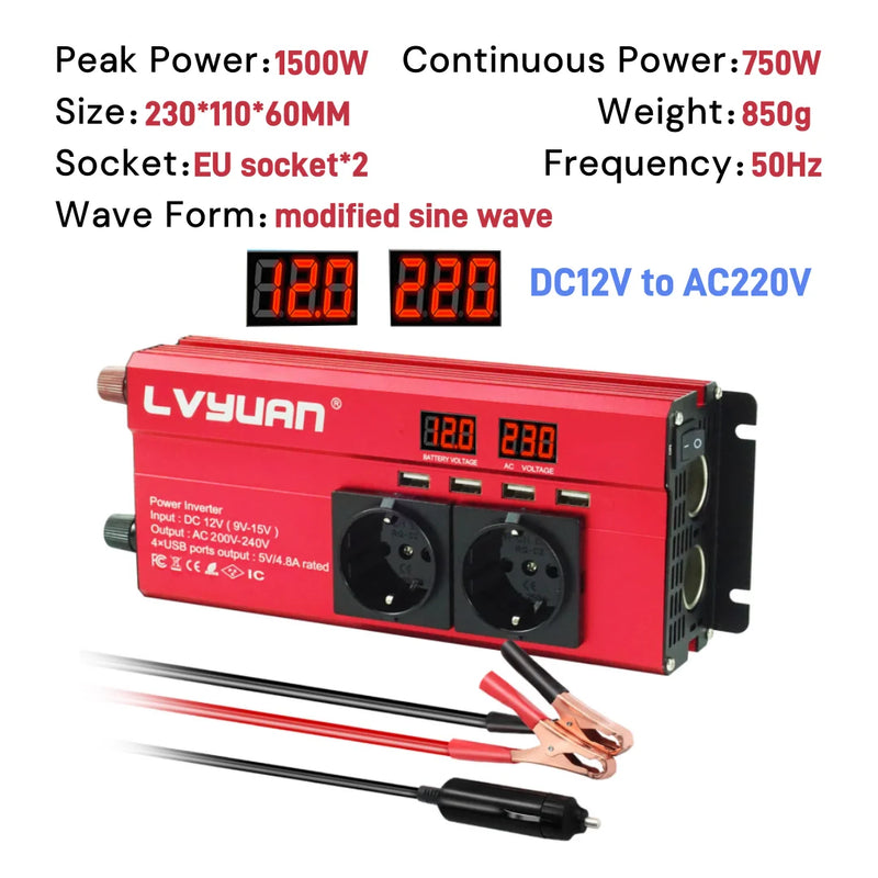 LVYUAN Power Inverter 1500W/2000W/2600W Peak Power LED Display Car Inversor DC12V AC220V High Efficiency