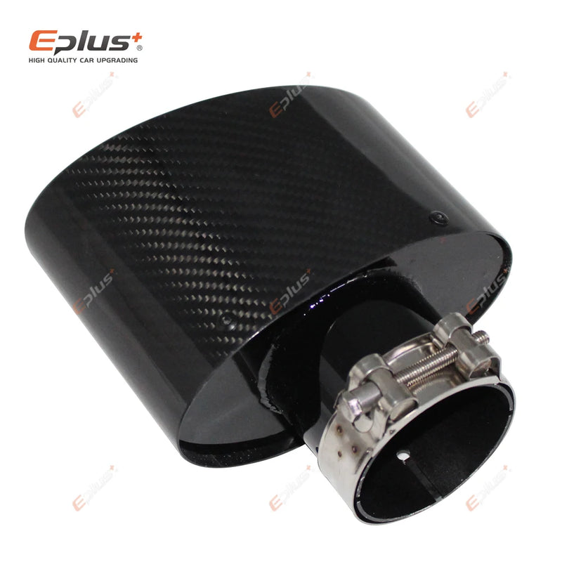 EPLUS Gloss Carbon Fiber Car Muffler Tip Exhaust Pipe Nozzle Decoration Universal Stainless Black Oval 150mm Tilting Left Right