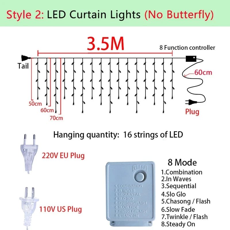 220V 110V 3.5m Butterfly LED Curtain Light Christmas Garland  LED String Fairy Lights For Holiday Wedding Party Home Decoration