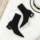 Comemore Women's Dress Pointed Mid-heeled Short Ankle Boot Female Autumn 2023 2024 Knitted Block Low Heel High Socks Boots Shoes