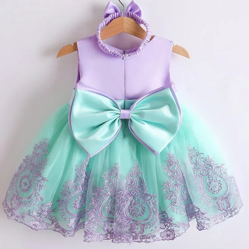 New Summer Baby Girls Party Dress Lace Sleeveless Floral Girl Bow Cake Dresses for Weddings Kids Children Clothes E7839