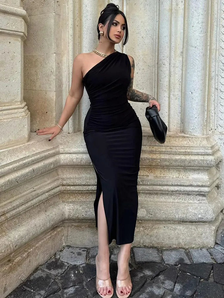 Fashion Sexy Maxi Dress Women New Summer Solid Sleeveless Backless Slim Split Dress Female Off Shoulder Club Elegant Party Dress