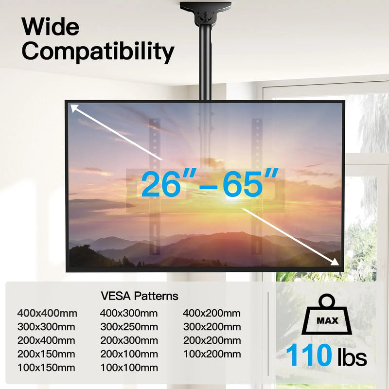 Ceiling TV Mount, TV Mount for 26-65 inch TVs, TV Ceiling Mount with Swivel, Tilt and 6 Height Adjustable, Max VESA 400x400mm