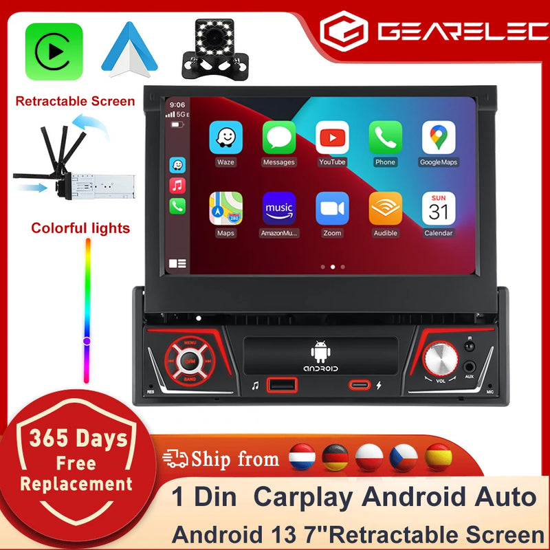 1 din Car Radio Android Carplay Auto Universal 7" IPS Retractable Screen gps Navigation 1Din Android 12 Multimedia Video Player