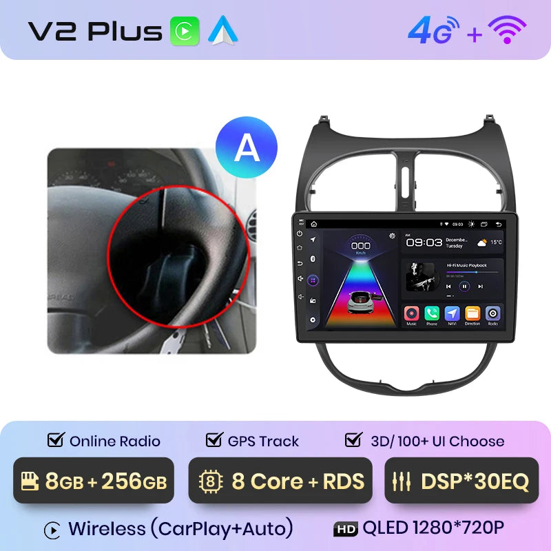 Junsun V1 Wireless CarPlay AndroidAuto Radio For Peugeot 206 206CC 206SW 2001-2008 4G Car Intelligent Systems 2Din Autoradio GPS