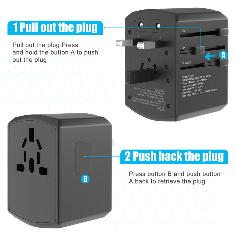 International travel adapter socket with 3x USB and 1x Type-C fast charging power adapter EU/UK/US/Australia conversion plug