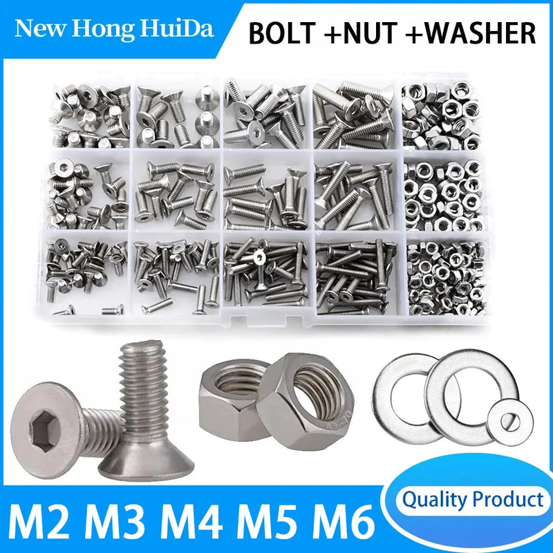 M2 M3 M4 M5 M6 Hex Socket Flat Head Machine Screw and Nut Metric Countersunk Hexagon Bolt Assortment kit Set 304 Stainless Steel