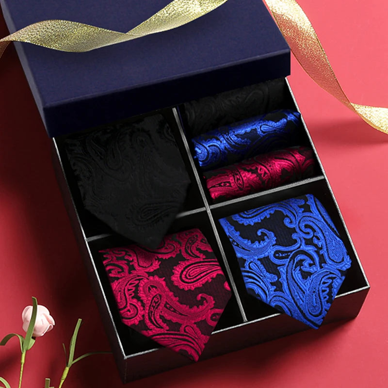 2024 New Men's Gift Box Ties Fashion Burgundy Cashew Printing Bussiness  Stripe Neckties Pocket Squre 3 Sets Of Combination Set