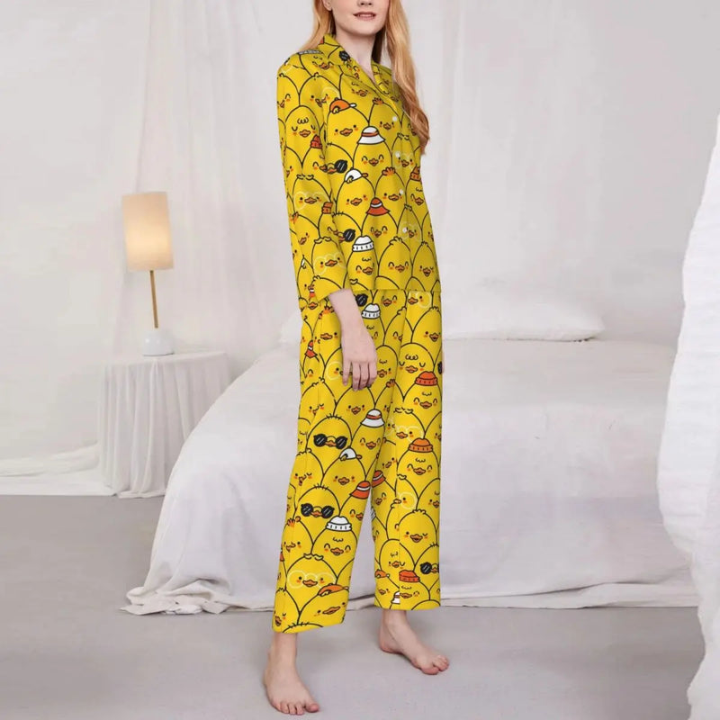 Pajamas Female Yellow Classic Ducks Daily Sleepwear Animal Two Piece Retro Pajama Sets Long Sleeve Elegant Oversize Home Suit