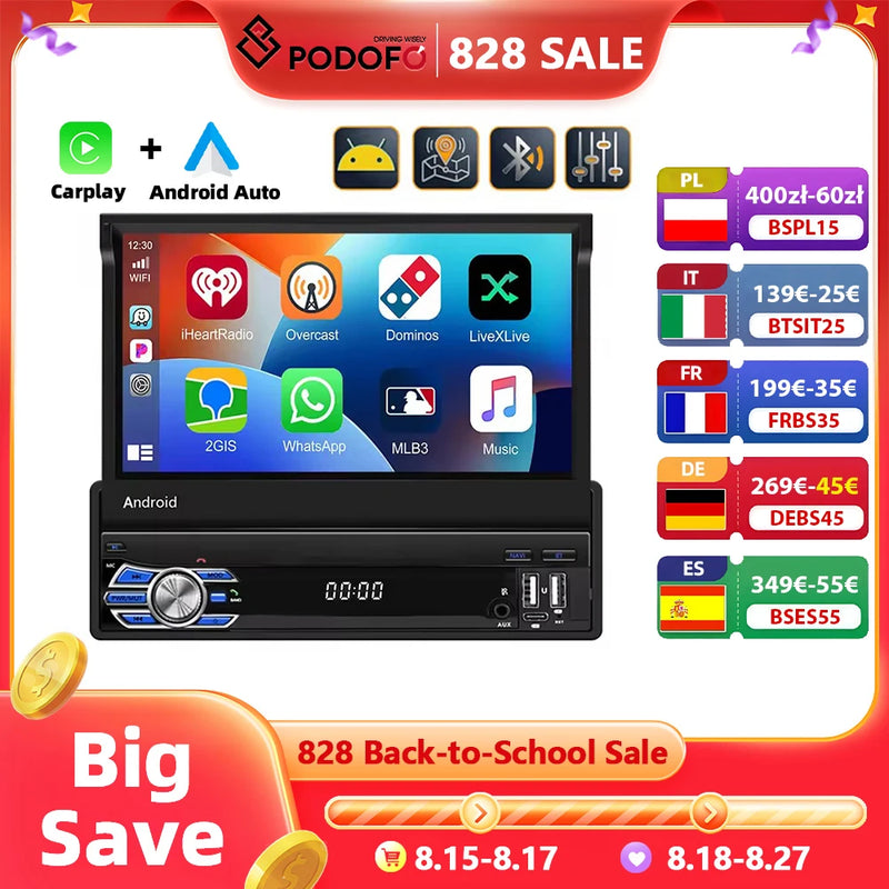 Podofo 4Core 1Din Android Car Stereo 7 ''Retractable Screen Car Radio Carplay Android 2 + 64G Mirror Link GPS WIFI Car Audio