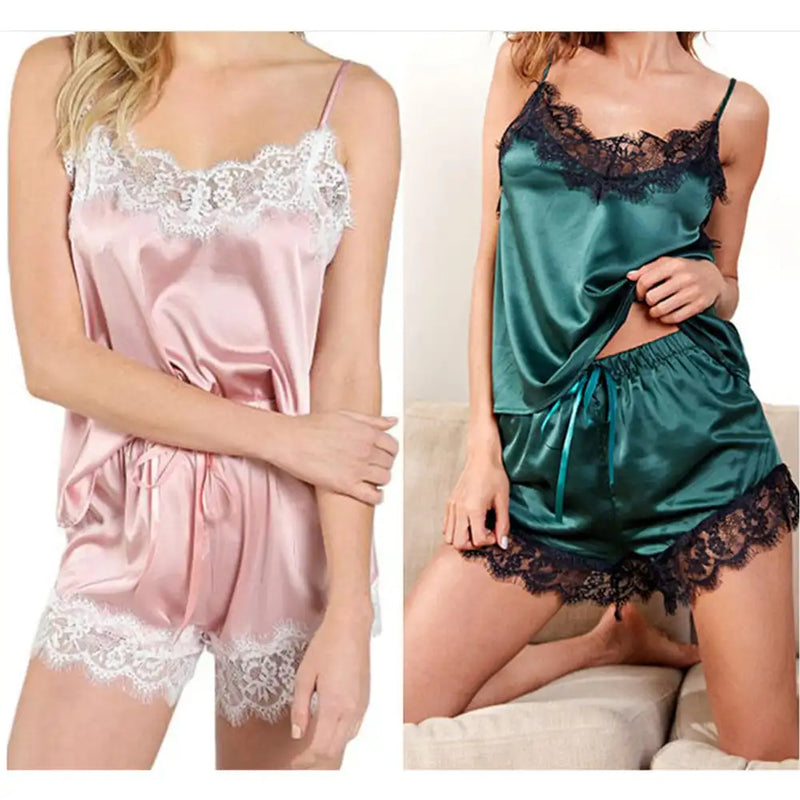 Fashionable Sexy Imitation Silk Lace Pajama Set Women Comfortable Sleeveless Suspender Pajama Shorts Nightwear