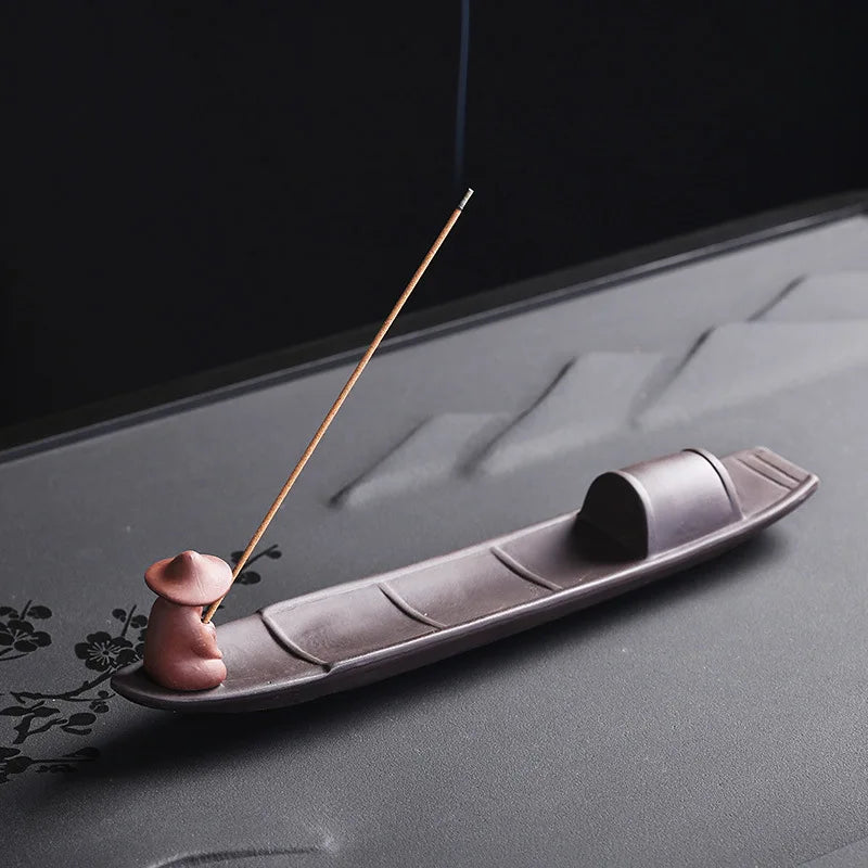 1pc Incense Stick Holder, Zen Meditation Purple Clay Fisherman Fishing Incense Stick Holder Home Decor (Without Incense)