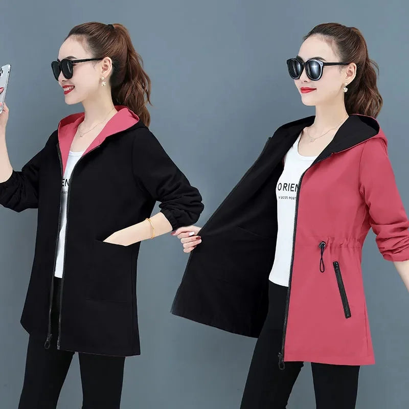New Autumn Women's Jacket Double-sided Windbreaker Female Long Sleeve Jackets Hooded Casual Basic Coat Loose Outerwear 4XL