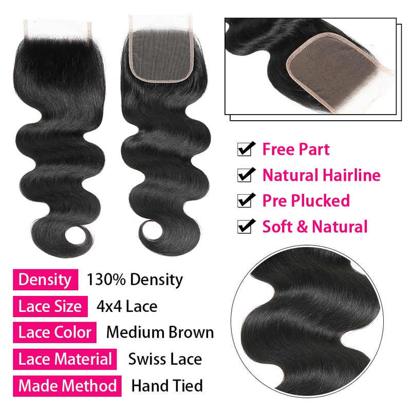 Indian Body Wave Lace Closure Human Hair 4x4 Lace Closure Middle/Free/Three 5x5 Lace Closure Trendy Beauty Closure Only