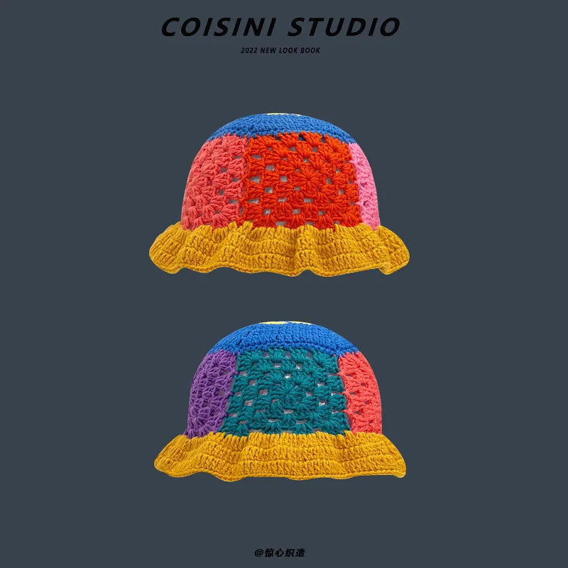 2024 New Korean-Japanese Hand Buckle Crochet Bucket Hat Spring and Autumn Winter Sun Hat Female Cherry Designer Bob Basin Hat